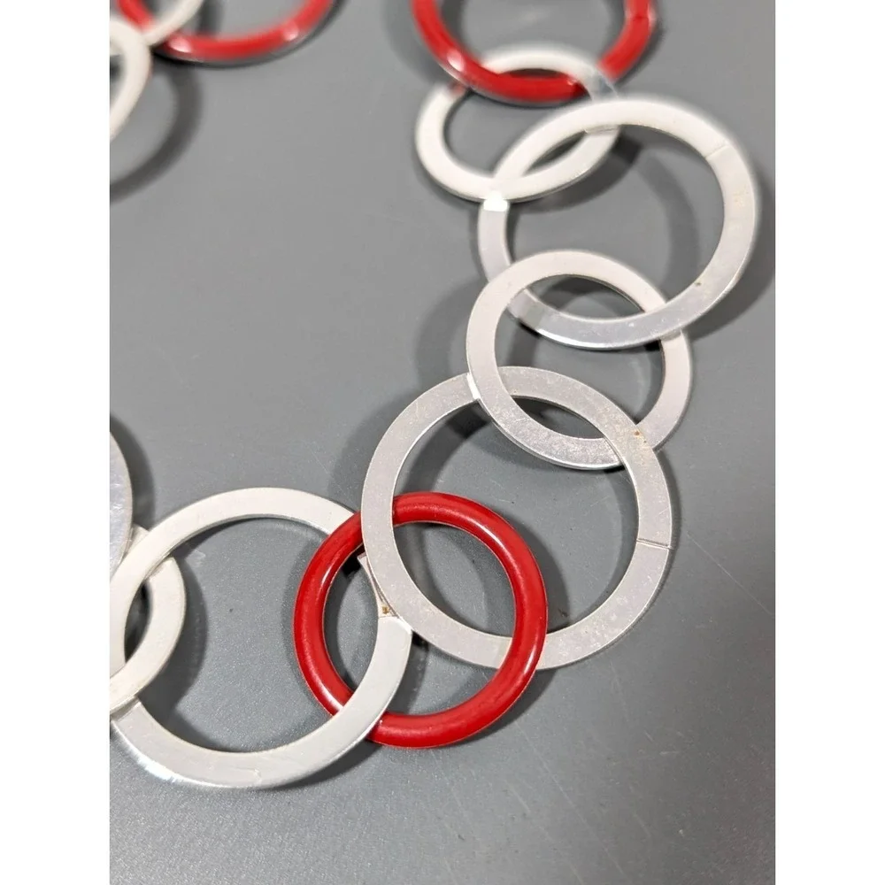 Modernist Silver Tone Red Round Chain Link Long‎ Necklace Statement 32